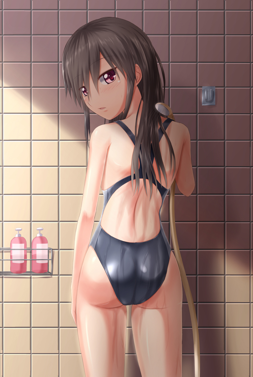 ass brown_hair competition_swimsuit from_behind highres long_hair one-piece_swimsuit original red_eyes shower_head solo swimsuit takuya_kame tile_wall tiles wet