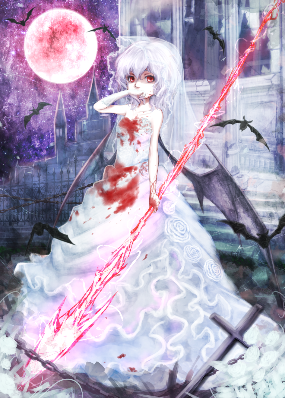 bare_arms bare_shoulders bat bat_wings blood bloody_clothes bloody_dress bloody_hands bridal_veil chain dress full_moon highres hoshibuchi looking_at_viewer moon red_eyes red_moon remilia_scarlet scarlet_devil_mansion silver_hair sky solo spear_the_gungnir strapless strapless_dress touhou veil wedding_dress white_dress wings