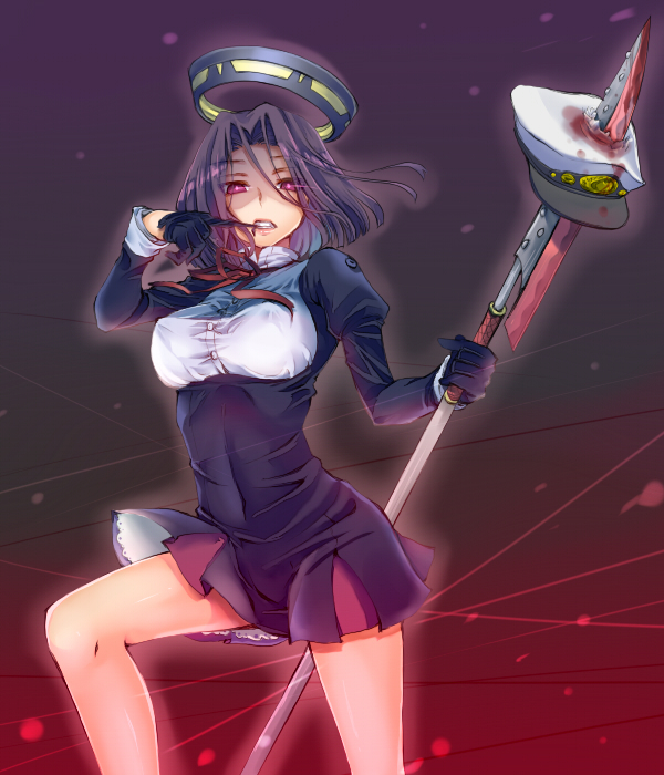 black_gloves blood breasts gloves glowing glowing_eyes hat kantai_collection large_breasts looking_at_viewer mechanical_halo negativeundead polearm purple_eyes purple_hair short_hair solo tatsuta_(kantai_collection) weapon
