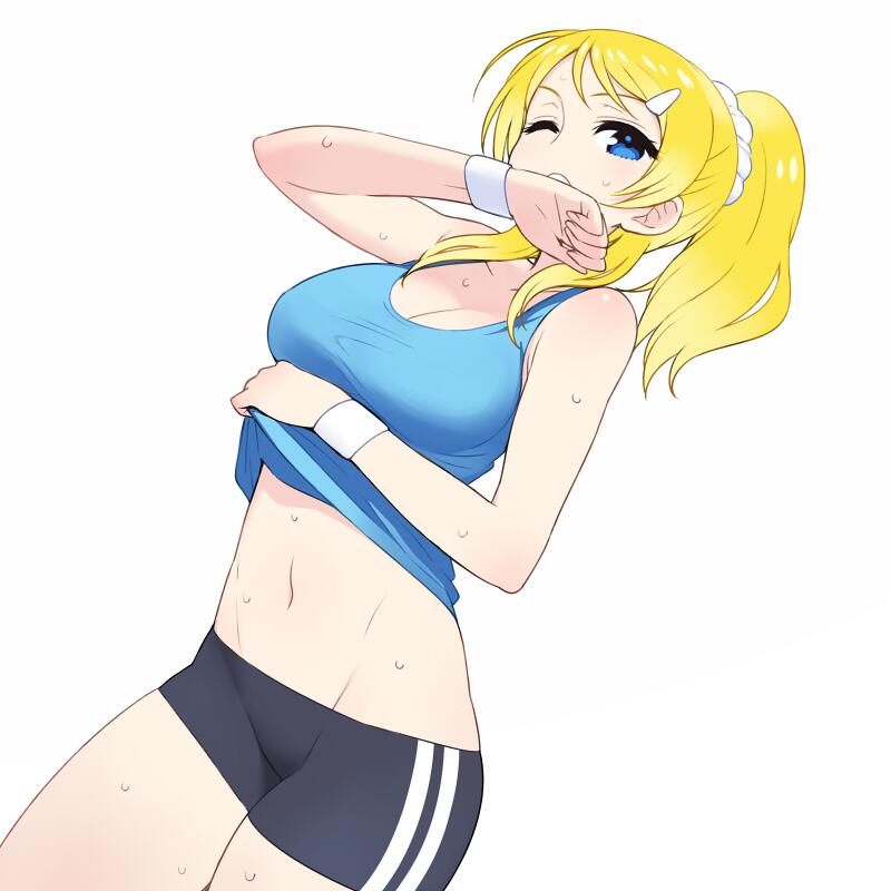 ayase_eli bike_shorts blonde_hair blue_eyes breasts chan_co cleavage cowboy_shot dutch_angle groin hair_ornament hairclip jpeg_artifacts large_breasts love_live! love_live!_school_idol_project midriff navel one_eye_closed ponytail shirt shirt_lift shorts simple_background solo sweat tank_top taut_clothes taut_shirt white_background wristband
