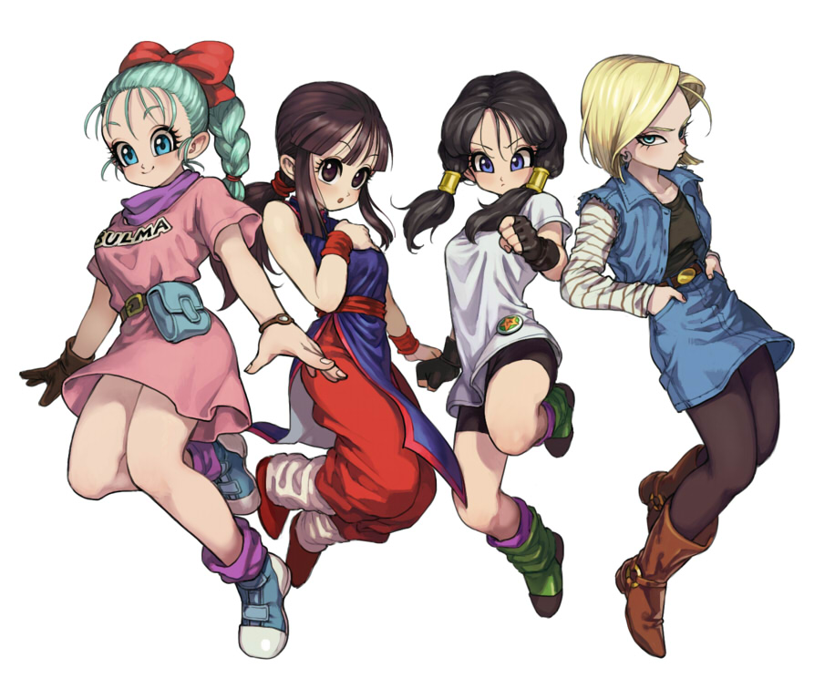 4girls :o android_18 aqua_hair arm_at_side arms_at_sides bangs bare_legs belt black_gloves black_shirt blonde_hair blue_eyes boots braid brown_eyes brown_footwear brown_gloves brown_hair bulma character_name chi-chi_(dragon_ball) chinese_clothes clenched_hand clothes_writing denim denim_jacket denim_skirt dragon_ball dragon_ball_(classic) dragonball_z dress earrings expressionless eyelashes fingernails floating floating_hair frown full_body gloves hair_ribbon hand_in_pocket hand_on_own_chest happy horizontal_stripes jacket jewelry kinjuu_(hariharitt) long_sleeves looking_at_viewer looking_away multiple_girls open_mouth pantyhose pink_dress ponytail purple_legwear purple_neckwear purple_scarf red_ribbon ribbon scarf shirt short_hair shorts simple_background single_glove skirt smile socks striped twintails v-shaped_eyebrows videl watch white_background white_shirt wristband wristwatch