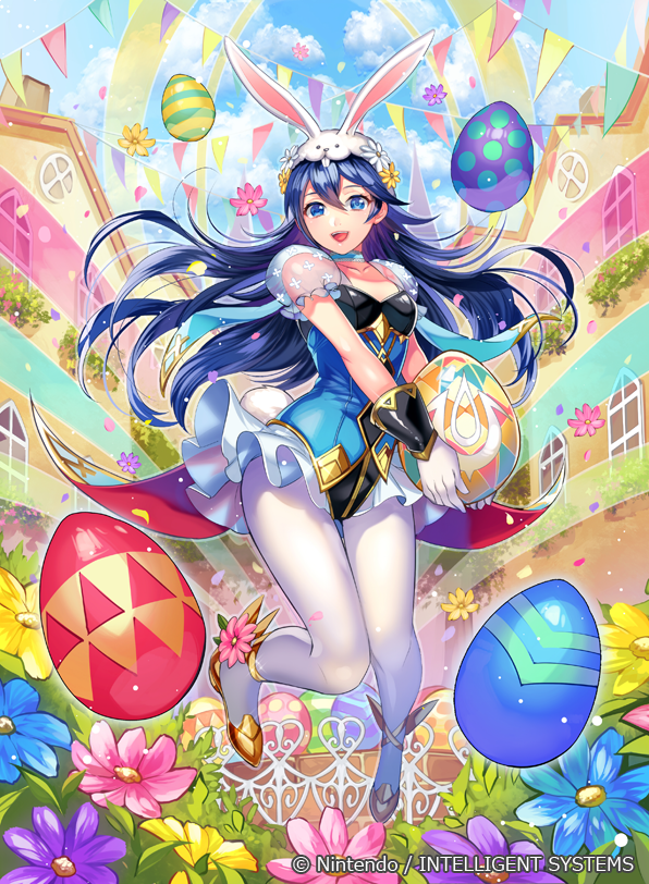 1girl alternate_costume animal_ears blue_eyes blue_hair blue_sky blush bunny_ears bunny_girl bunny_tail bunnysuit commentary_request detached_collar easter_egg egg fake_animal_ears fire_emblem fire_emblem:_kakusei fire_emblem_cipher fire_emblem_heroes frilled_leotard frills gloves leotard long_hair looking_at_viewer lucina matsurika_youko nintendo official_art open_mouth pantyhose sky smile solo strapless strapless_leotard tail white_legwear wrist_cuffs