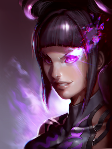 bangs black_hair blunt_bangs breasts collarbone drill_hair evil_grin evil_smile eyelashes glowing glowing_eye grin halter_top halterneck han_juri james_ghio lips medium_breasts nose purple_eyes smile solo street_fighter street_fighter_iv_(series) twin_drills upper_body