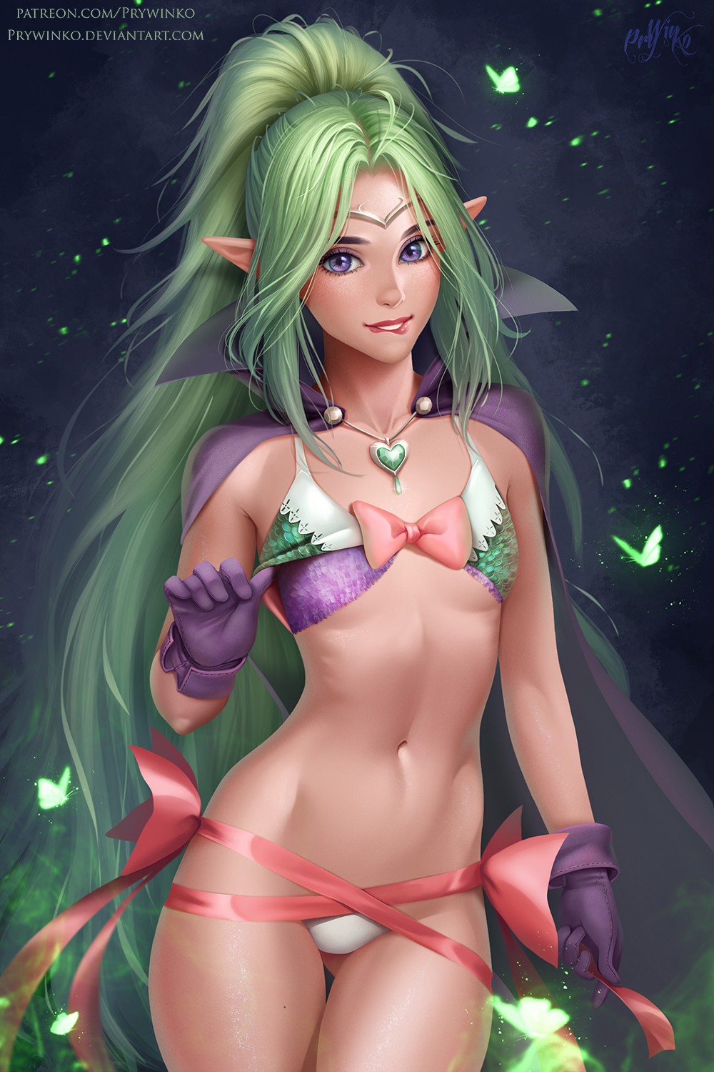 biting bra bra_lift breasts fire_emblem fire_emblem:_kakusei flat_chest gloves gluteal_fold green_hair highres jewelry lip_biting long_hair looking_at_viewer mamkute navel necklace nintendo nono_(fire_emblem) olga_narhova panties petite pointy_ears ponytail purple_eyes revision small_breasts solo stomach thigh_gap underwear very_long_hair