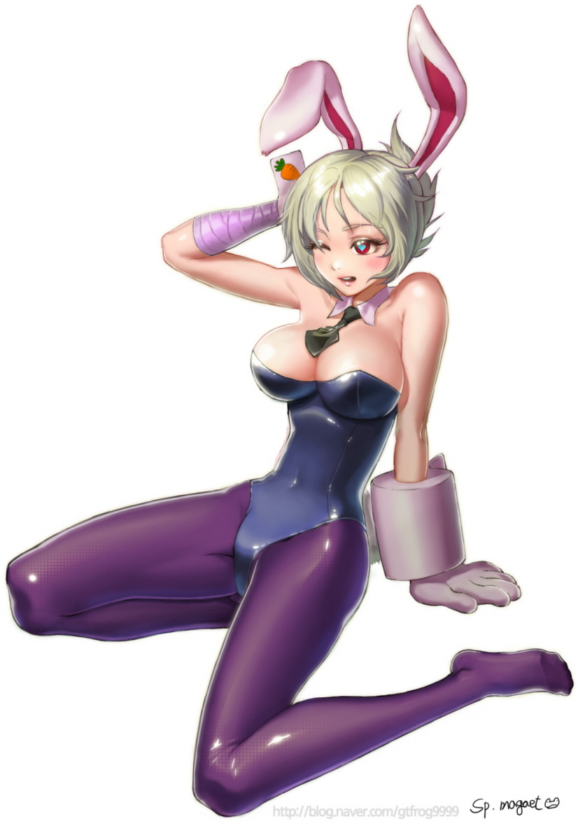animal_ears battle_bunny_riven blush breasts bunny_ears gloves grey_hair gtfrog9999 large_breasts league_of_legends leotard necktie one_eye_closed open_mouth pantyhose purple_legwear red_eyes riven_(league_of_legends) solo strapless watermark web_address white_background white_gloves