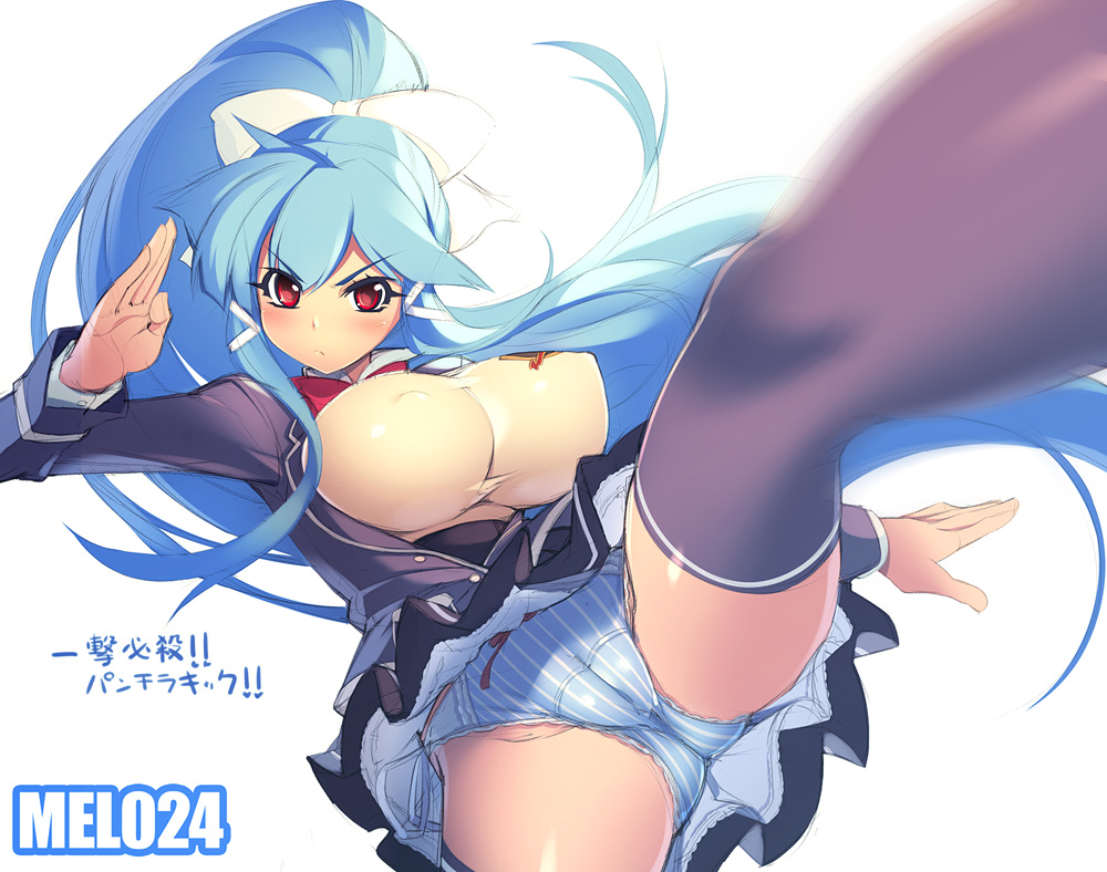 black_legwear blazer blue_hair blue_panties blush bow bow_panties breasts cameltoe fat_mons hair_bow hair_ribbon high_kick impossible_clothes impossible_shirt jacket kicking lace lace-trimmed_panties large_breasts long_hair looking_at_viewer mel/a melmaid motion_blur no_bra original panties pantyshot ponytail red_eyes ribbon school_uniform shirt side-tie_panties solo striped taut_clothes taut_shirt thighhighs translation_request underwear upskirt vertical-striped_panties vertical_stripes very_long_hair