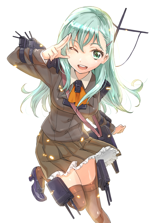 ;) ;p aqua_eyes aqua_hair ascot blazer blouse breasts brown_legwear cannon hair_ornament hairclip jacket kantai_collection large_breasts long_hair one_eye_closed open_mouth salute school_uniform skirt smile solo suzuya_(kantai_collection) teeth thighhighs tongue tongue_out turret yatiyo zettai_ryouiki