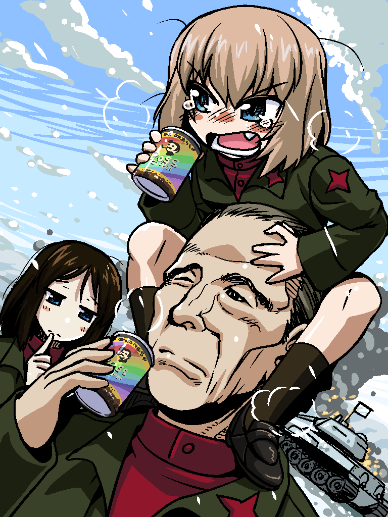 2girls blonde_hair blue_eyes blush_stickers boss_coffee brown_hair brown_legwear can carrying cloud commentary_request day drunk fang girls_und_panzer ground_vehicle holding jacket katyusha loafers long_hair long_sleeves military military_vehicle motor_vehicle multiple_girls nonna open_mouth outdoors pravda_school_uniform r-ex school_uniform shoes short_hair short_jumpsuit shoulder_carry sky snow socks soda_can standing t-34 tank tears tommy_lee_jones