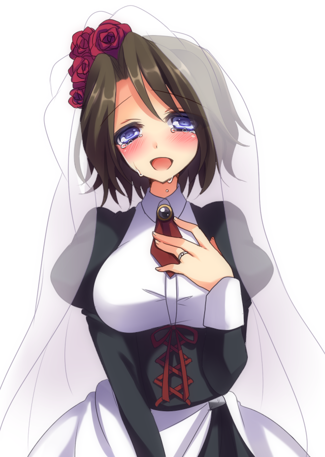 blue_eyes blush breasts bridal_veil brown_hair flower hair_flower hair_ornament hand_on_own_chest jewelry juliet_sleeves large_breasts long_sleeves neon_ui no_hat no_headwear open_mouth puffy_sleeves ring rose shannon smile tears umineko_no_naku_koro_ni veil