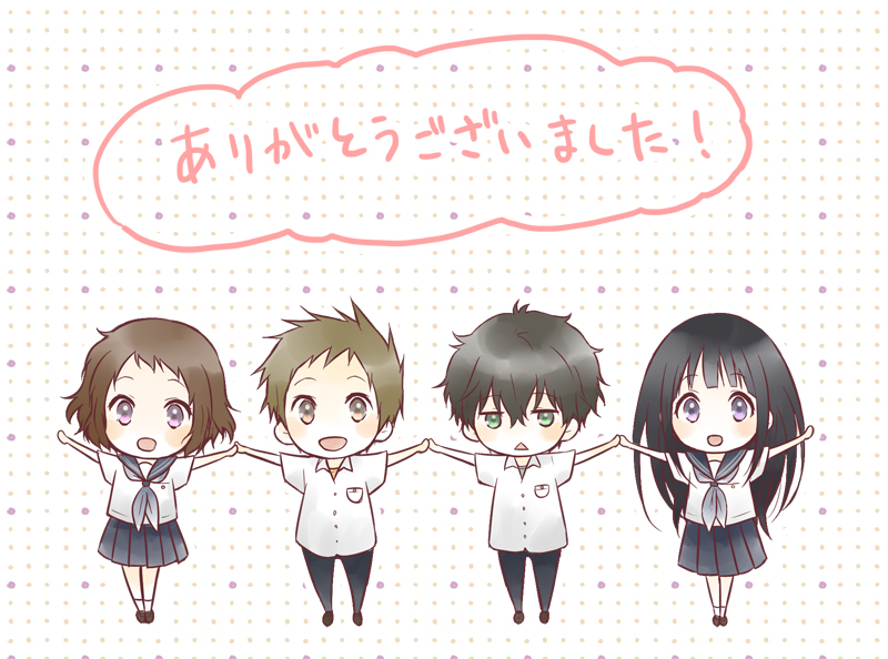 2girls arms_up black_hair brown_eyes brown_hair chibi chitanda_eru fukube_satoshi green_eyes hyouka ibara_mayaka long_hair multiple_boys multiple_girls oreki_houtarou pink_eyes purple_eyes rito453 school_uniform serafuku short_hair smile translated triangle_mouth