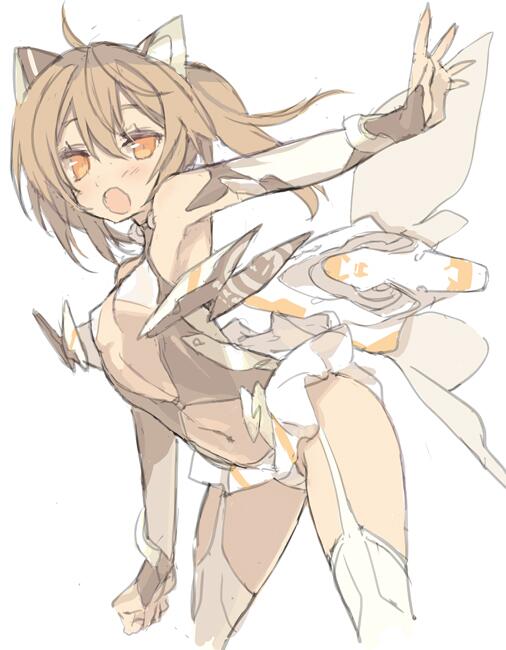 :o ahoge arched_back bare_shoulders blade_(galaxist) bodysuit breasts brown_hair cleavage copyright_request cropped_legs elbow_gloves fingerless_gloves gloves microskirt navel open_mouth orange_eyes panties simple_background skirt small_breasts solo twintails underwear white_background white_panties