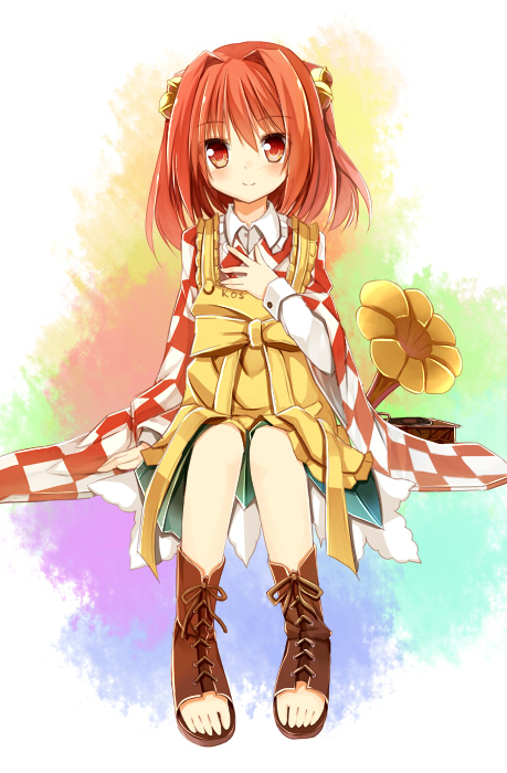 ankle_boots apron bell boots character_name checkered clothes_writing hair_bell hair_ornament hand_on_own_chest japanese_clothes motoori_kosuzu open_toe_shoes phonograph red_eyes red_hair shoes sitting solo toeless_boots touhou two_side_up wide_sleeves yuuhagi_(amaretto-no-natsu)