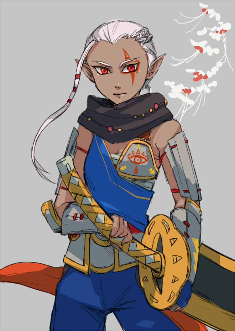 ahoge armor bad_id bad_pixiv_id bracer braid dark_skin facial_tattoo hand_on_hilt huge_ahoge huge_weapon impa pointy_ears red_eyes sarashi shaingtao side_braid solo tattoo the_legend_of_zelda weapon zelda_musou