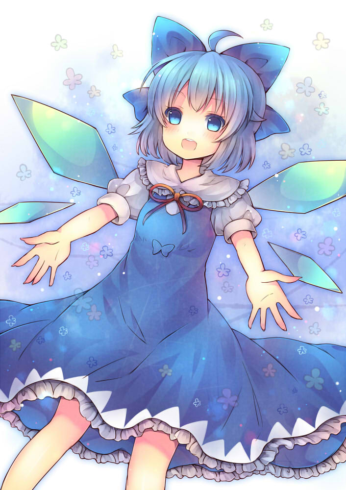 ahoge blue_dress blue_hair bow cirno dress hair_bow ice ice_wings open_mouth outstretched_arms pjrmhm_coa puffy_short_sleeves puffy_sleeves shirt short_sleeves smile solo touhou wings