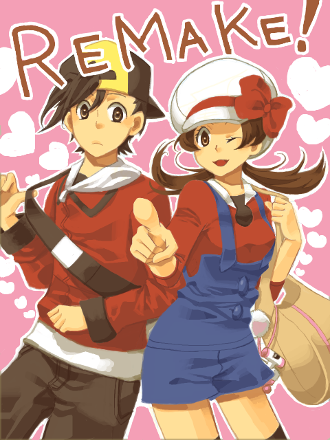 1girl backwards_hat bad_id bad_pixiv_id bag baseball_cap brown_hair cabbie_hat cowboy_shot english gold_(pokemon) handbag hat hat_ribbon heart hood hoodie kotone_(pokemon) one_eye_closed overalls pokegear pokemon pokemon_(game) pokemon_hgss red_ribbon ribbon shibanashi_miso short_twintails tegaki thighhighs twintails