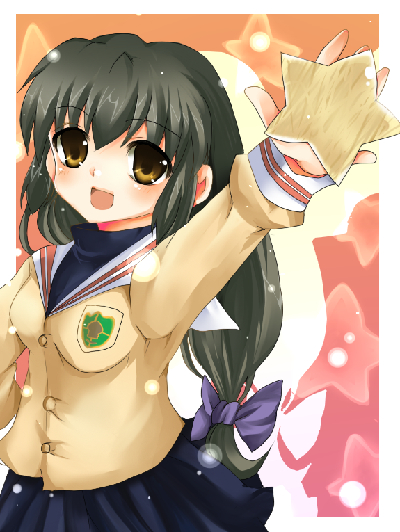 bad_anatomy bad_id bad_pixiv_id black_hair brown_eyes clannad dango_(airdanngo) ibuki_fuuko long_hair school_uniform solo starfish