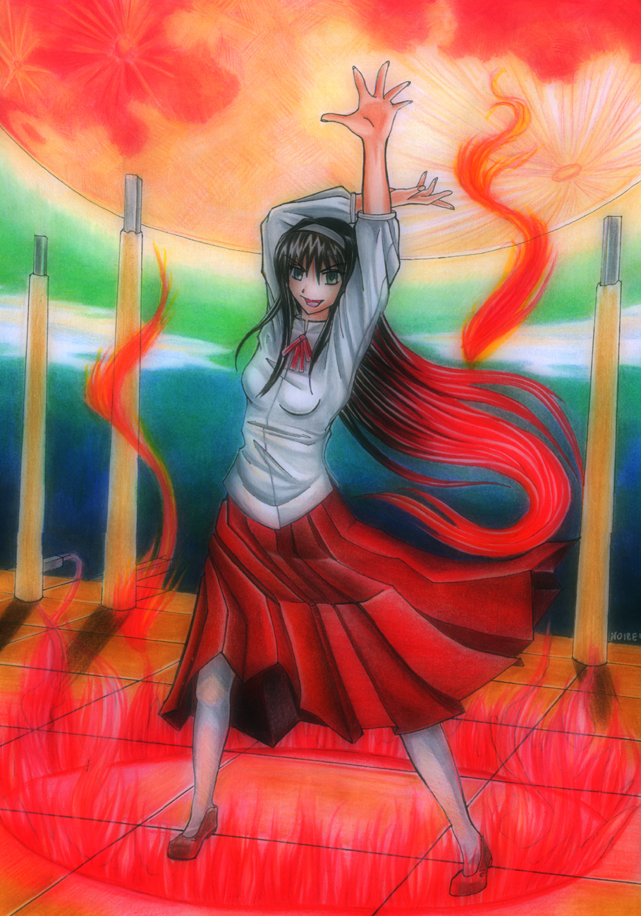 arm_up black_hair fire gradient_hair hairband highres long_hair magic melty_blood moon moonlight multicolored_hair noire-ighaan open_mouth pantyhose red_hair shoes skirt solo toono_akiha traditional_media tsukihime very_long_hair wind