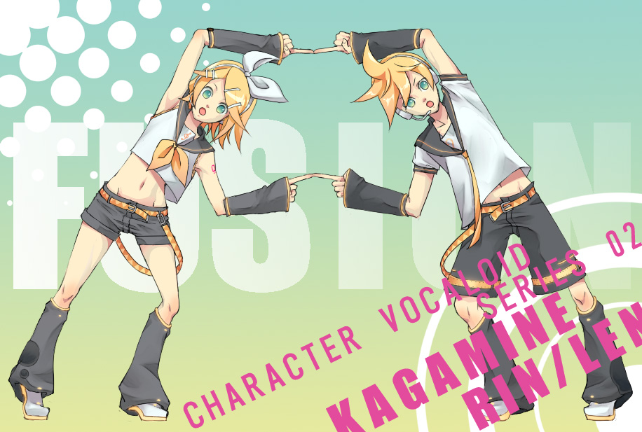 1girl blonde_hair brother_and_sister green_eyes hair_ornament hair_ribbon hairclip headphones headset kagamine_len kagamine_rin midriff navel necktie open_mouth parody ribbon sailor_collar short_hair shorts siblings symmetrical_hand_pose twins vocaloid xpizzeriax