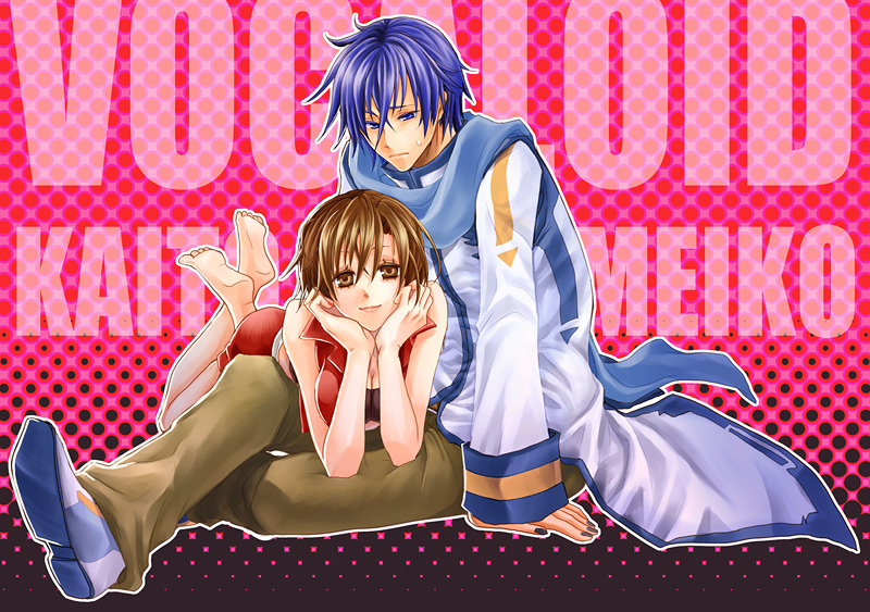 1girl atop bad_id bad_pixiv_id barefoot blue_eyes blue_hair blue_scarf breasts brown_eyes brown_hair character_name cleavage copyright_name couple crossed_legs english feet halftone halftone_background hands hetero kaito lying medium_breasts meiko norihe on_stomach outline scarf sitting smile soles sweat vocaloid