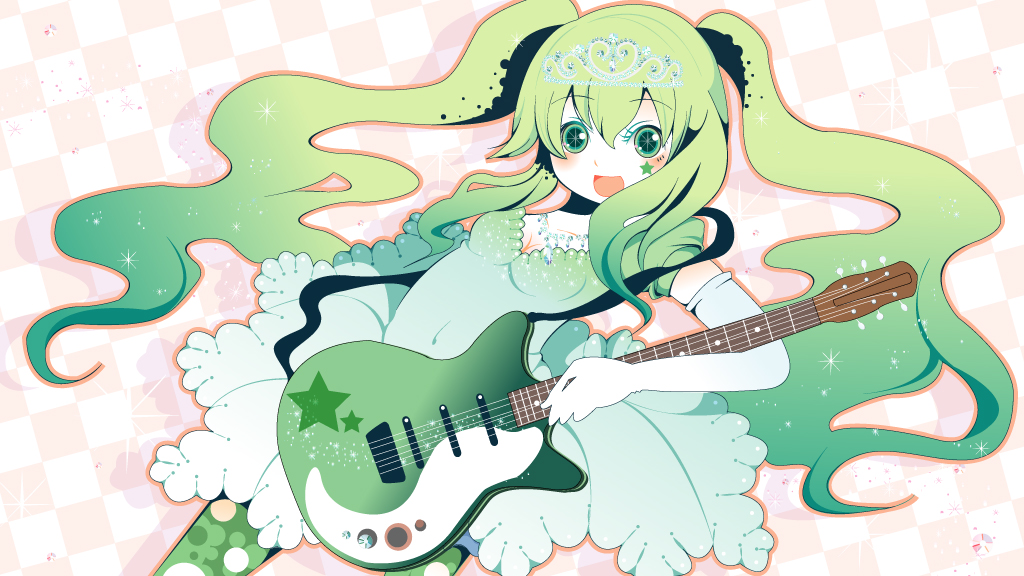 :d arishiki blush breasts checkered checkered_background cleavage dress elbow_gloves gloves gradient_hair green_eyes green_hair green_legwear guitar hatsune_miku instrument jewelry long_hair medium_breasts multicolored_hair necklace open_mouth pantyhose smile solo sparkle tiara twintails vocaloid
