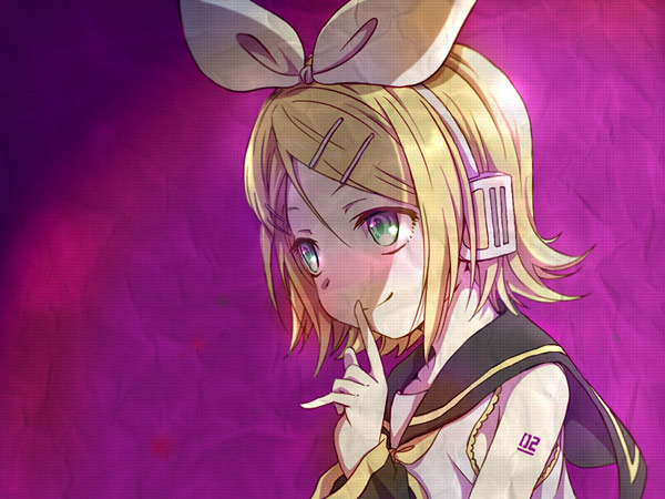 arm_tattoo bare_shoulders blonde_hair bow face finger_to_mouth green_eyes hair_bow hair_ornament hairclip headphones headset kagamine_rin konayama_kata purple_background school_uniform short_hair smile smirk solo tattoo vocaloid