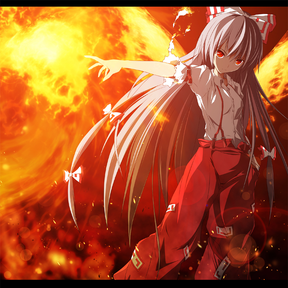 baggy_pants bangs fire fujiwara_no_mokou lens_flare letterboxed long_hair outstretched_arm pants solo suspenders torn_clothes touhou very_long_hair zb