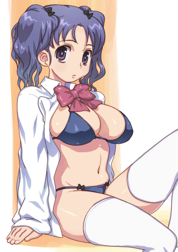 arm_support bikini blue_hair bow breasts expressionless hirose_(mokiki) large_breasts long_hair long_sleeves looking_at_viewer navel open_clothes open_shirt original purple_eyes shirt sitting solo swimsuit thighhighs twintails white_legwear