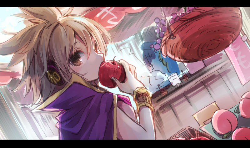 apple bangle bracelet brown_hair cape earmuffs eating food fruit grapes jewelry letterboxed looking_at_viewer looking_back makuwauri market peach pointy_hair short_hair sleeveless solo touhou toyosatomimi_no_miko