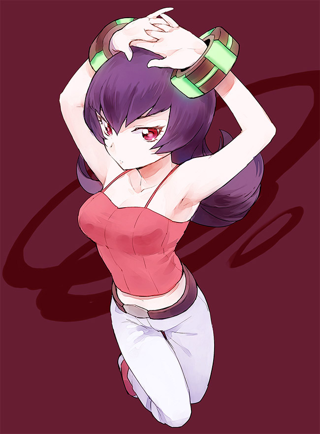 armpits arms_up bangs bare_shoulders belt camisole flipped_hair from_above gym_leader kurochiroko long_hair looking_at_viewer midriff natsume_(pokemon) pokemon pokemon_(game) pokemon_hgss purple_hair red_background red_eyes solo