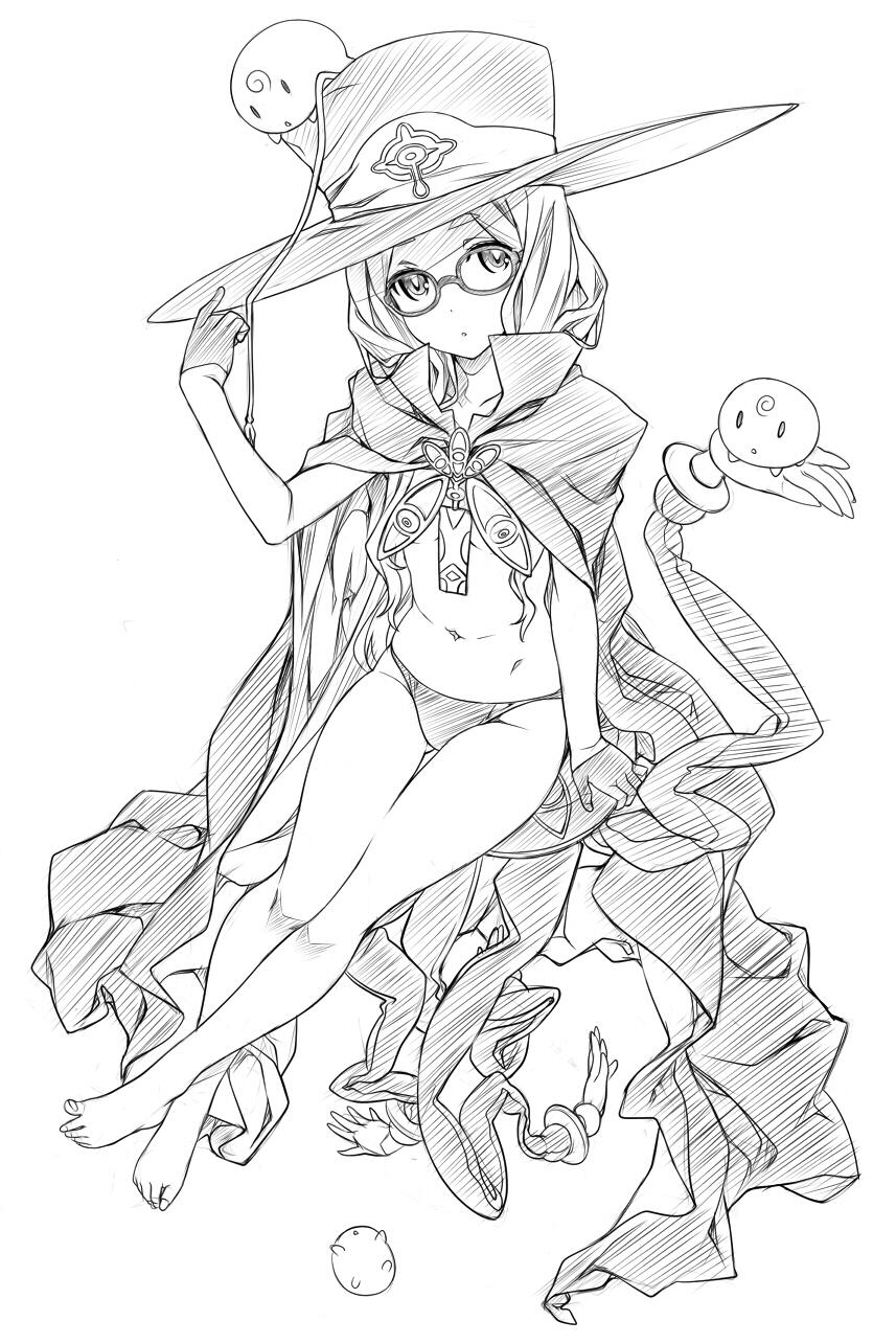 barefoot cape glasses gloves greyscale half_gloves hand_on_headwear hat highres jpeg_artifacts kurukuru_(sekai_seifuku) monochrome nagayori natasha_(sekai_seifuku) navel no_mask panties professor_um sekai_seifuku:_bouryaku_no_zvezda simple_background sketch underwear underwear_only white_background