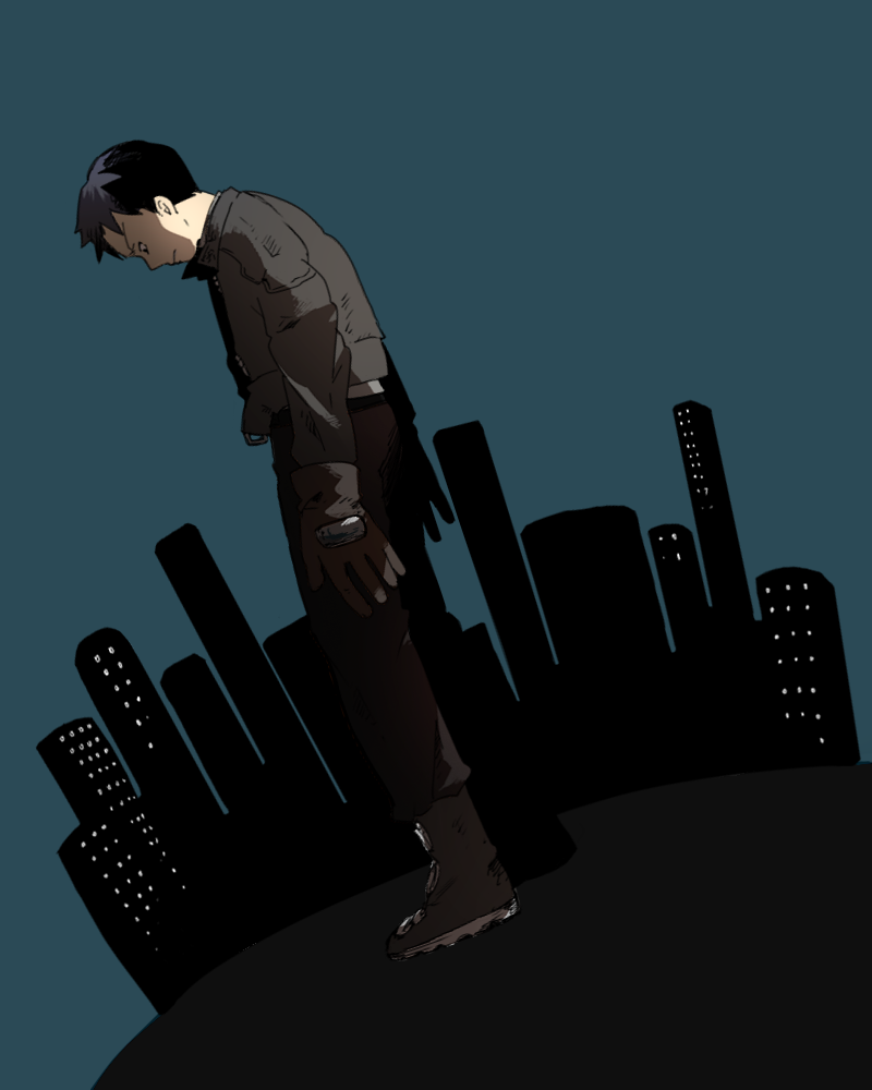 1boy batman_(series) boots city dc_comics full_body gloves jacket jason_todd male male_focus profile red_hood red_hood_(dc) slouch solo standing