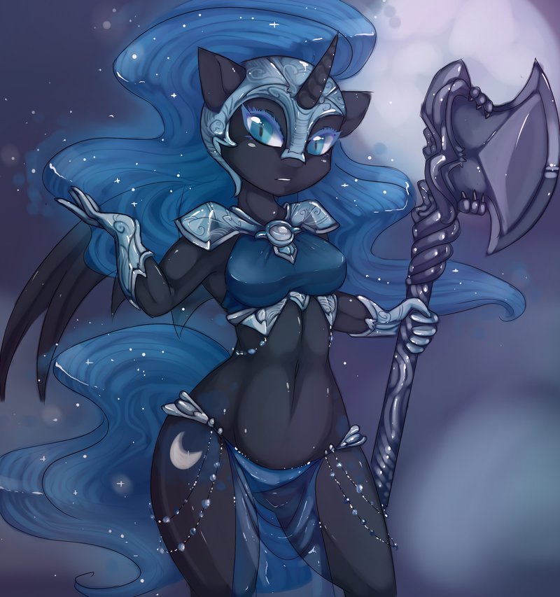 anthro anthrofied armor axe blue_eyes blue_hair clothing cutie_mark equine female friendship_is_magic gauntlets hair helmet horn looking_at_viewer mammal misukitty my_little_pony navel nightmare_moon_(mlp) panties slit_pupils solo sparkles standing tabard translucent_hair transparent_hair unconvincing_armor underwear weapon winged_unicorn wings