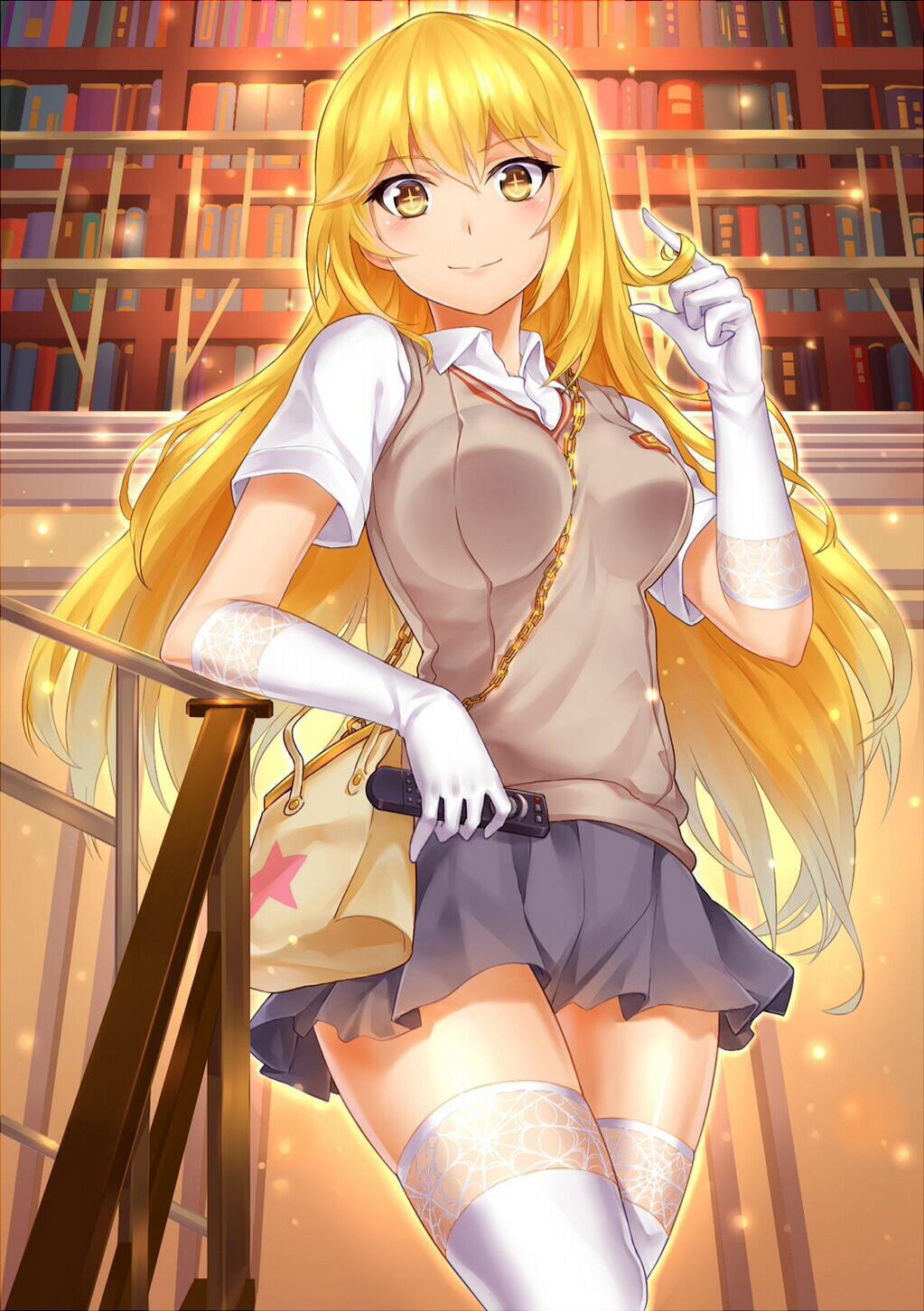 1girl arm_support bag between_breasts blonde_hair blush bookshelf breasts chain controller duplicate elbow_gloves gloves glowing hair_twirling handbag highres lace lace-trimmed_gloves lace-trimmed_thighhighs large_breasts library long_hair looking_at_viewer remote_control school_uniform shokuhou_misaki skindentation skirt smile solo sparkle spider_web_print star strap_cleavage suika01 sweater_vest symbol-shaped_pupils thighhighs to_aru_majutsu_no_index white_gloves white_legwear yellow_eyes zettai_ryouiki