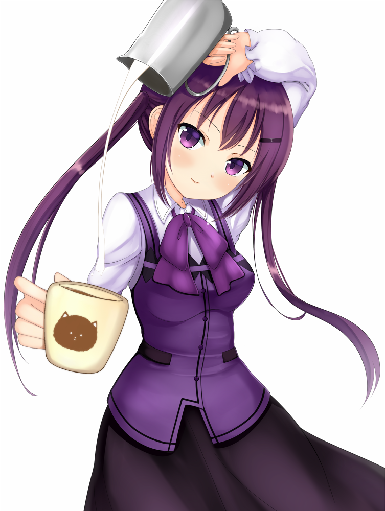 animal_print barista bow bowtie bunny_print coffee cup decantering dress gochuumon_wa_usagi_desu_ka? kirifrog looking_at_viewer milk pitcher pose pouring purple_bow purple_eyes purple_hair purple_neckwear rabbit_house_uniform simple_background smile solo tedeza_rize twintails waitress white_background