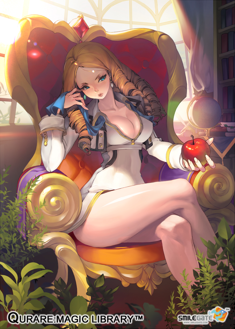 bare_legs blonde_hair book bookshelf breasts chair cleavage crossed_legs drill_hair earrings globe green_eyes highres inkwell jewelry large_breasts long_sleeves looking_at_viewer matsuki_ringo md5_mismatch newton_(qurare) plant quill qurare_magic_library sitting solo