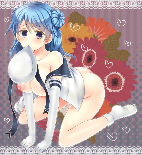 all_fours bad_id bad_pixiv_id beret blue_eyes blue_hair blush bottomless breasts double_bun elbow_gloves floral_background gloves hat heart kantai_collection kika88 large_breasts long_hair mouth_hold nipples open_clothes socks solo tears urakaze_(kantai_collection) white_gloves white_hat white_legwear