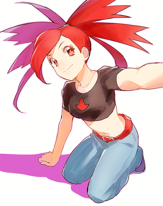 arm_support asuna_(pokemon) belt crop_top denim gym_leader jeans kurochiroko long_hair looking_at_viewer midriff navel pants pokemon pokemon_(game) pokemon_rse reaching_out red_eyes red_hair self_shot smile solo white_background