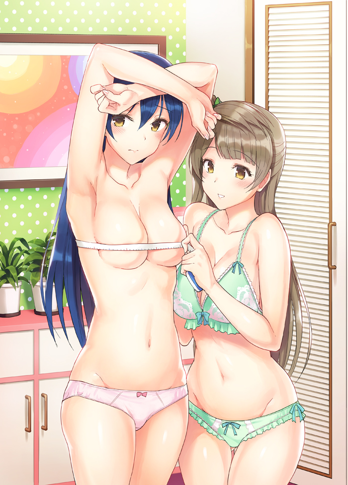 3: areolae armpits arms_up blue_hair bow bow_bra bow_panties bra breasts brown_hair bust_measuring cleavage collarbone frilled_bra frilled_panties frills green_bra green_panties groin kichiroku large_breasts lingerie long_hair love_live! love_live!_school_idol_project measuring minami_kotori multiple_girls navel one_side_up panties parted_lips pink_panties sonoda_umi stomach tape_measure topless underboob underwear underwear_only yellow_eyes