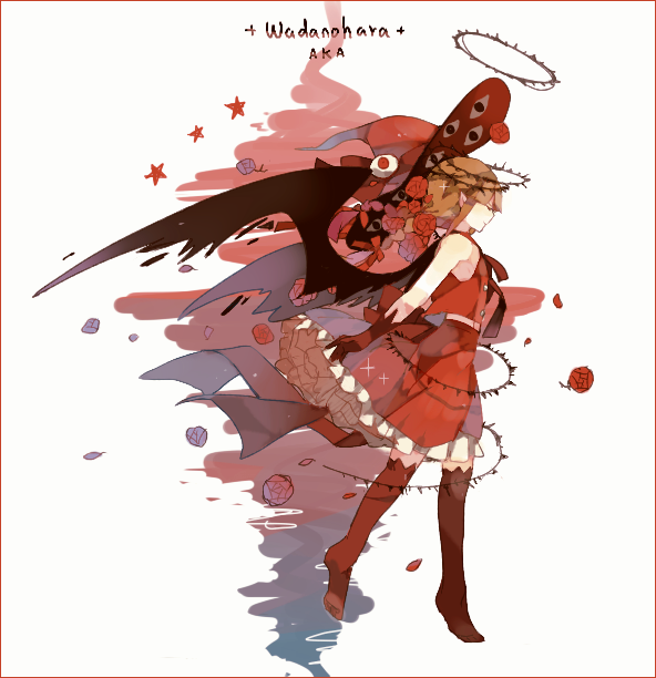 bad_id bad_pixiv_id bare_shoulders bow braid brown_hair character_name closed_eyes dark_persona dress eyeball flower frame frills from_side gloves hair_flower hair_ornament hat hat_bow kurie long_hair mackintosh_rose no_shoes oounabara_to_wadanohara outstretched_arms red_flower red_legwear red_rose rose sailor_dress sleeveless solo spoilers star thighhighs twin_braids wadanohara wings witch_hat zettai_ryouiki