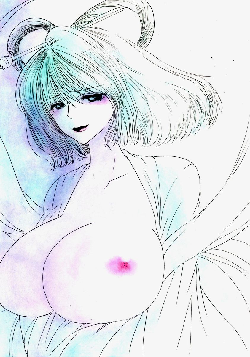 blue_hair breast_hold breasts breasts_outside collarbone dress hair_ornament hair_rings hair_stick highres huge_breasts kaku_seiga looking_at_viewer muted_color nino20471120 nipples open_clothes open_dress pastel_(medium) sash smile solo touhou traditional_media upper_body