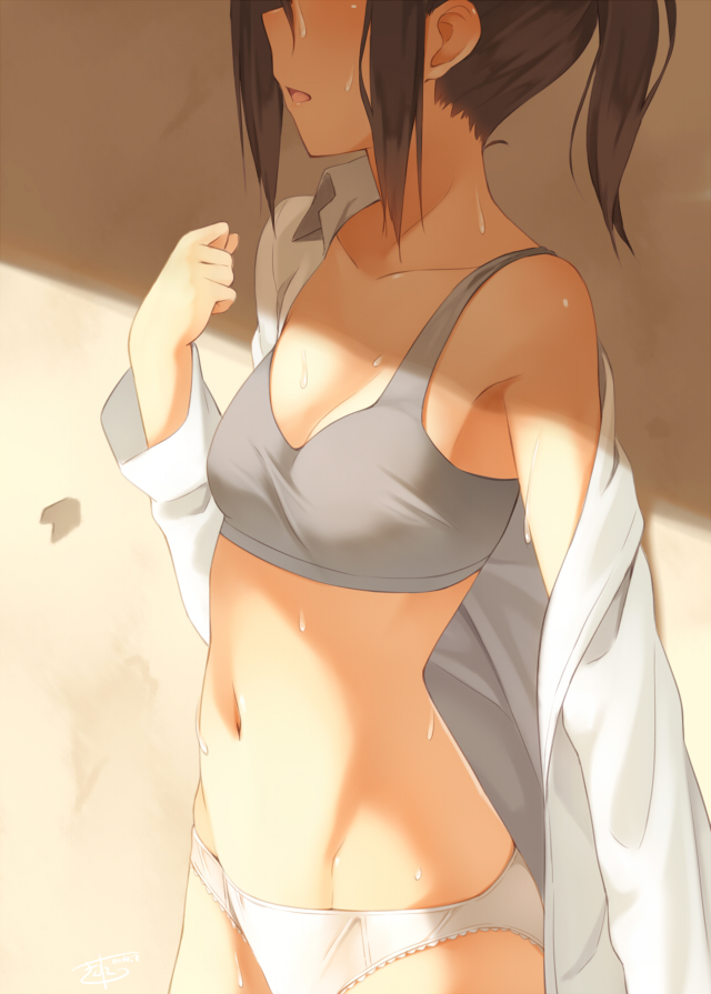 bad_id bad_pixiv_id bare_shoulders blush bra breasts brown_hair commentary_request grey_bra head_out_of_frame kinta_(distortion) lace lace-trimmed_panties long_hair nape navel no_pants open_clothes open_mouth open_shirt original panties shirt small_breasts smile solo sports_bra stomach sweat underwear undressing white_panties white_shirt