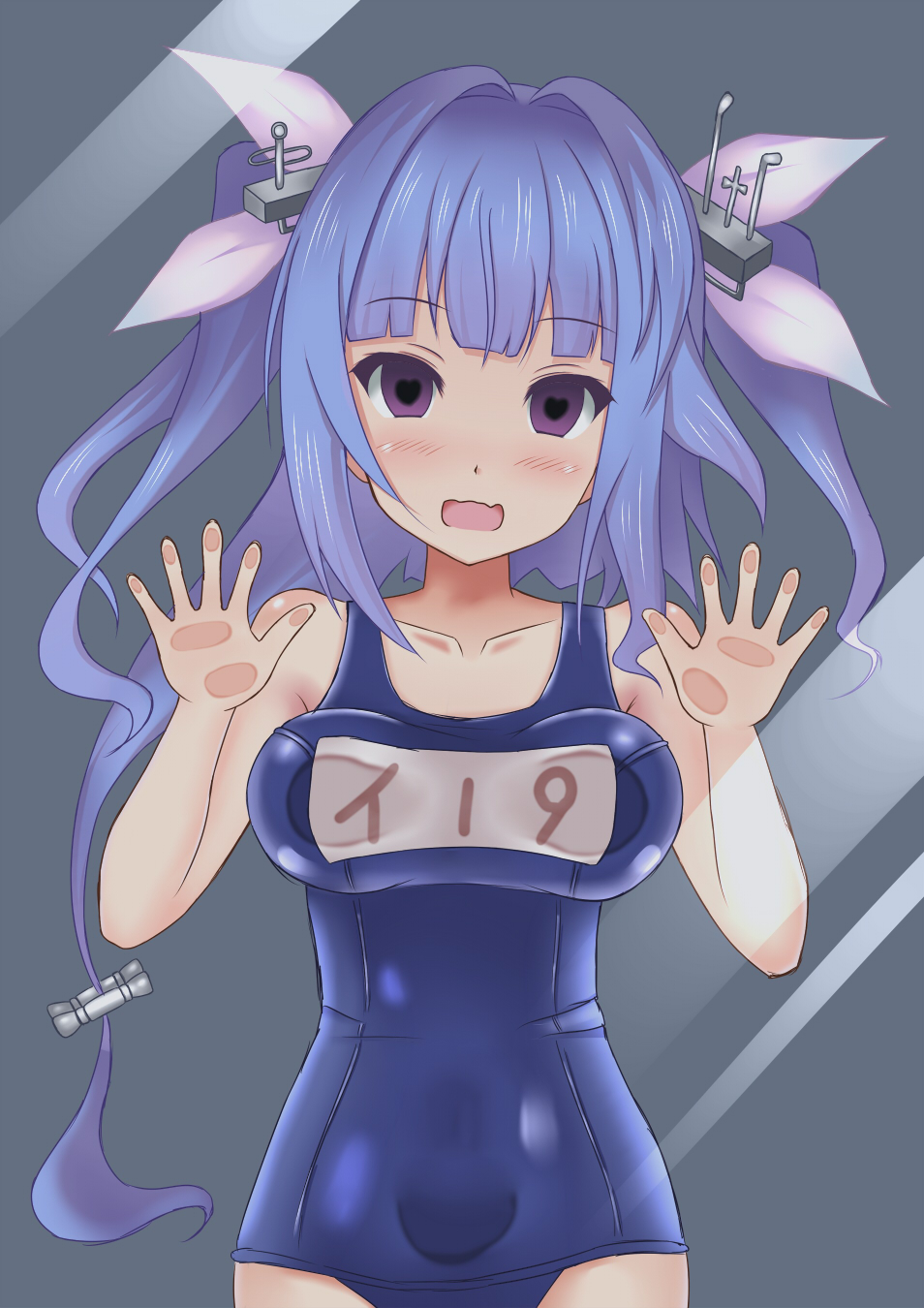 against_glass bad_id bad_pixiv_id blue_hair breast_press breasts fang heart heart-shaped_pupils highres i-19_(kantai_collection) kantai_collection large_breasts long_hair one-piece_swimsuit purple_eyes school_swimsuit solo swimsuit symbol-shaped_pupils terakoya twintails