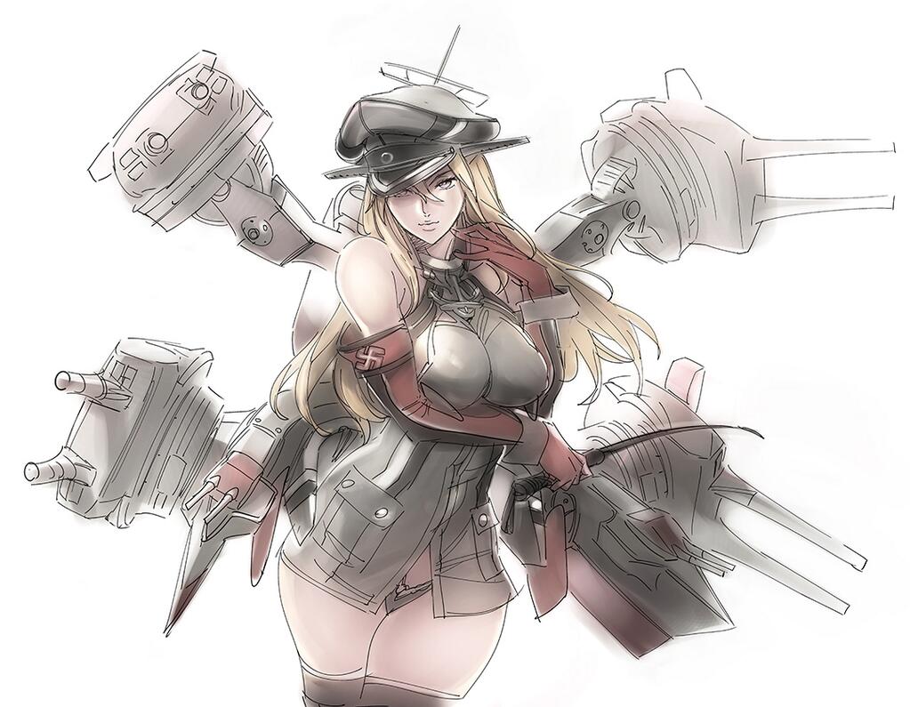 bismarck_(kantai_collection) blonde_hair blush breasts detached_sleeves downscaled gloves grey_legwear hat jpeg_artifacts kantai_collection large_breasts long_hair looking_at_viewer md5_mismatch military military_hat military_uniform nishieda no_pants panties peaked_cap red_gloves resized solo swastika thighhighs underwear uniform