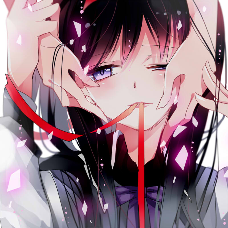 akemi_homura ayumaru_(art_of_life) bad_id bad_pixiv_id black_hair hands_on_another's_cheeks hands_on_another's_face long_hair magical_girl mahou_shoujo_madoka_magica mouth_hold purple_eyes red_ribbon ribbon simple_background smile white_background