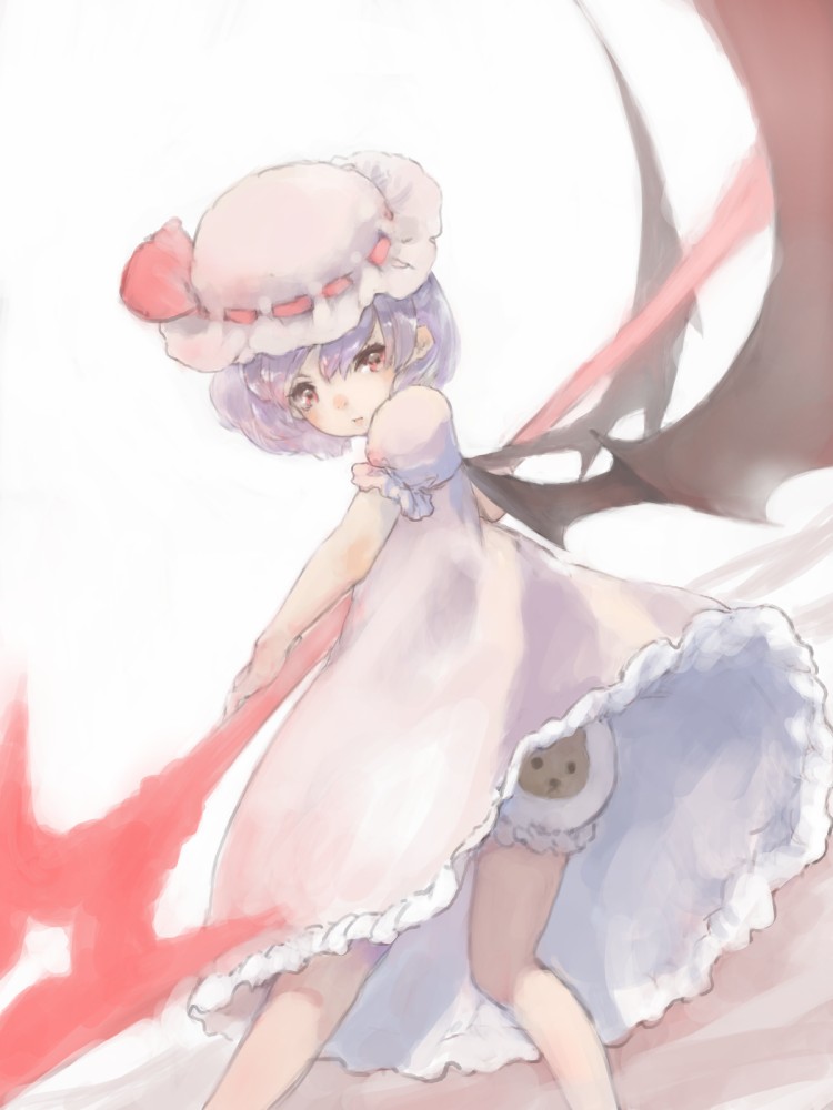 animal_print bat_wings bloomers expressionless hat hat_ribbon lavender_hair looking_at_viewer looking_back masuchi mob_cap print_bloomers puffy_short_sleeves puffy_sleeves red_eyes remilia_scarlet ribbon short_hair short_sleeves simple_background solo spear_the_gungnir touhou underwear white_background wings