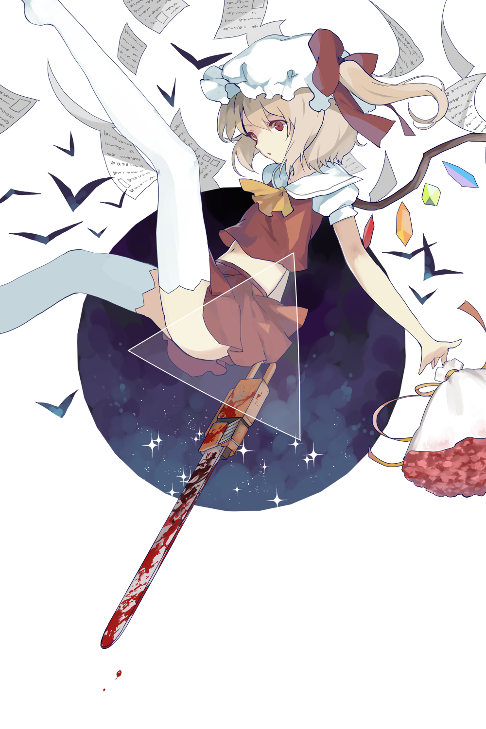 ascot ass blonde_hair blood bloody_weapon bouquet bow chainsaw flandre_scarlet flower flying_paper hat hat_bow highres hillly_(maiwetea) legs_up midriff mob_cap navel paper puffy_short_sleeves puffy_sleeves red_eyes shirt short_sleeves side_ponytail skirt skirt_set solo thighhighs touhou vest weapon white_legwear wings