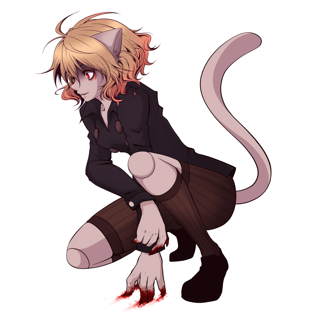 alternate_hair_color animal_ears blood brown_hair cat_ears cat_tail claws doll_joints full_body hunter_x_hunter long_sleeves mijinko_kineko neferpitou red_eyes shoes short_hair shorts socks solo tail white_background