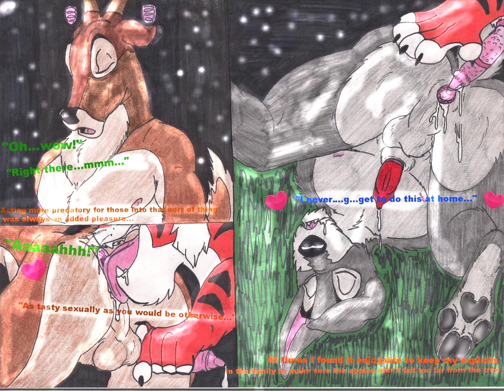 abs anal animal_genitalia anthro balls bambi_(film) barbs biceps canine cervine comic crossover deer disney eyes_closed feline gay hindpaw holidaypup interspecies jungle_book lady_and_the_tramp licking male mammal moonlight oral paws penis predatoryprey rimming scamp sex sheath shere_khan the_great_prince_of_the_forest tiger tongue