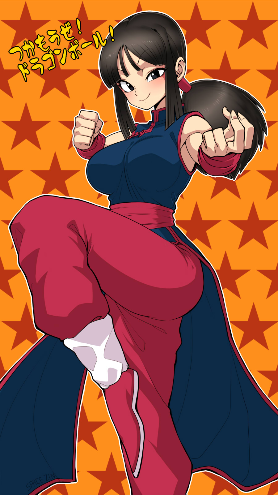 black_eyes breasts brown_hair chi-chi_(dragon_ball) chinese_clothes dragon_ball fighting_stance highres large_breasts ponytail pose sidelocks solo space_jin standing standing_on_one_leg star starry_background teenage wristband