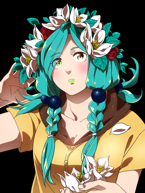 bad_id bad_pixiv_id blue_hair flower flower_on_head green_eyes hirose_yasuho jojo_no_kimyou_na_bouken jojolion lily_(flower) lipstick makeup monoheiya solo